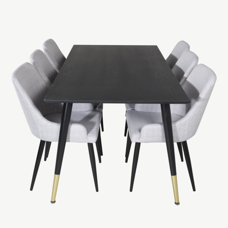 Must söögilaud Dipp 180×90 cm ja 6 helehalli kangaga Plaza tooli komplekt - GR19954