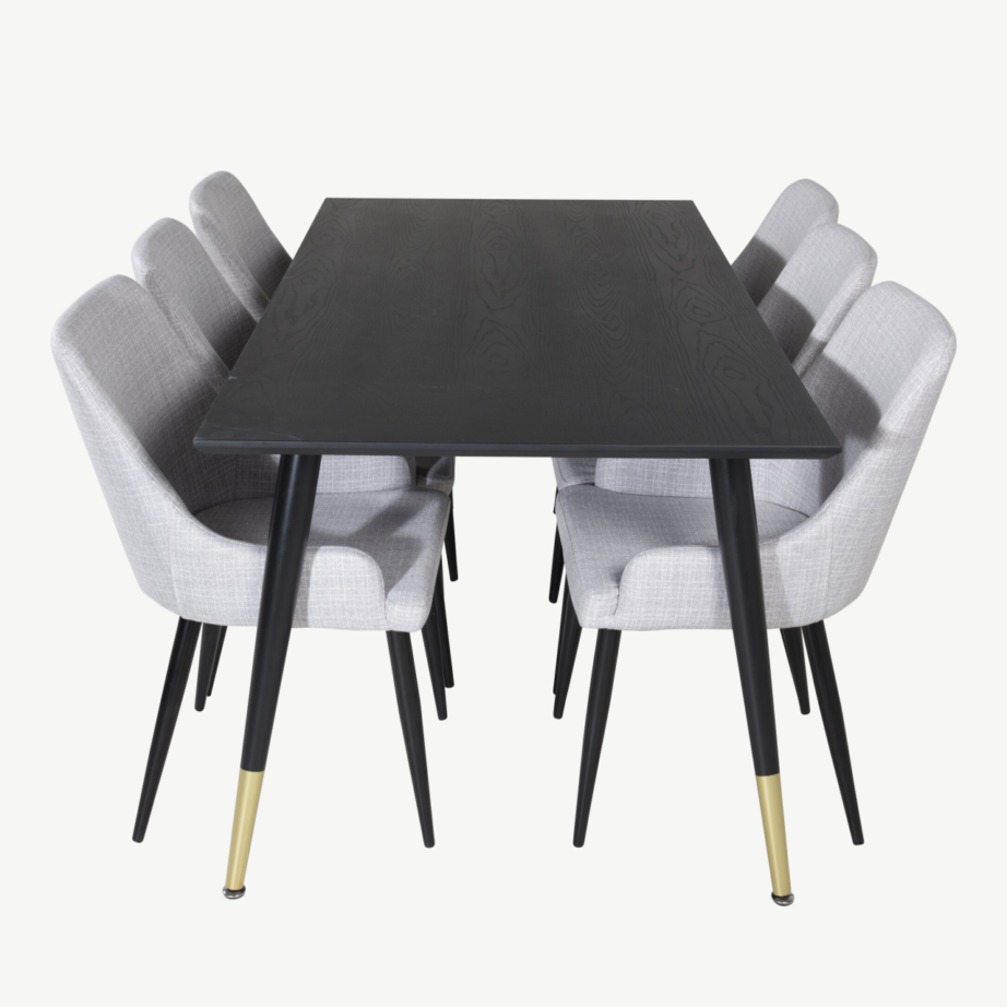 Must söögilaud Dipp 180×90 cm ja 6 helehalli kangaga Plaza tooli komplekt, GR19954 – 2