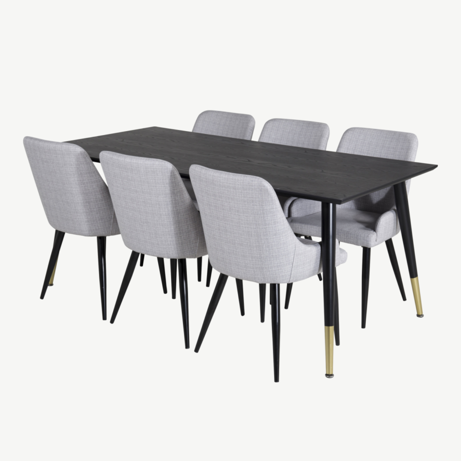 Must söögilaud Dipp 180×90 cm ja 6 helehalli kangaga Plaza tooli komplekt, GR19954