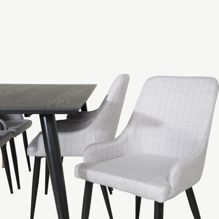 Must söögilaud Dipp 180×90 cm ja 6 helehalli kangaga Plaza tooli komplekt - GR19954
