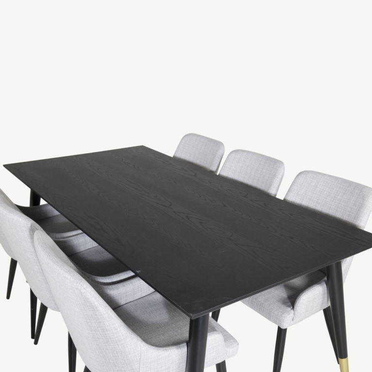 Must söögilaud Dipp 180×90 cm ja 6 helehalli kangaga Plaza tooli komplekt - GR19954