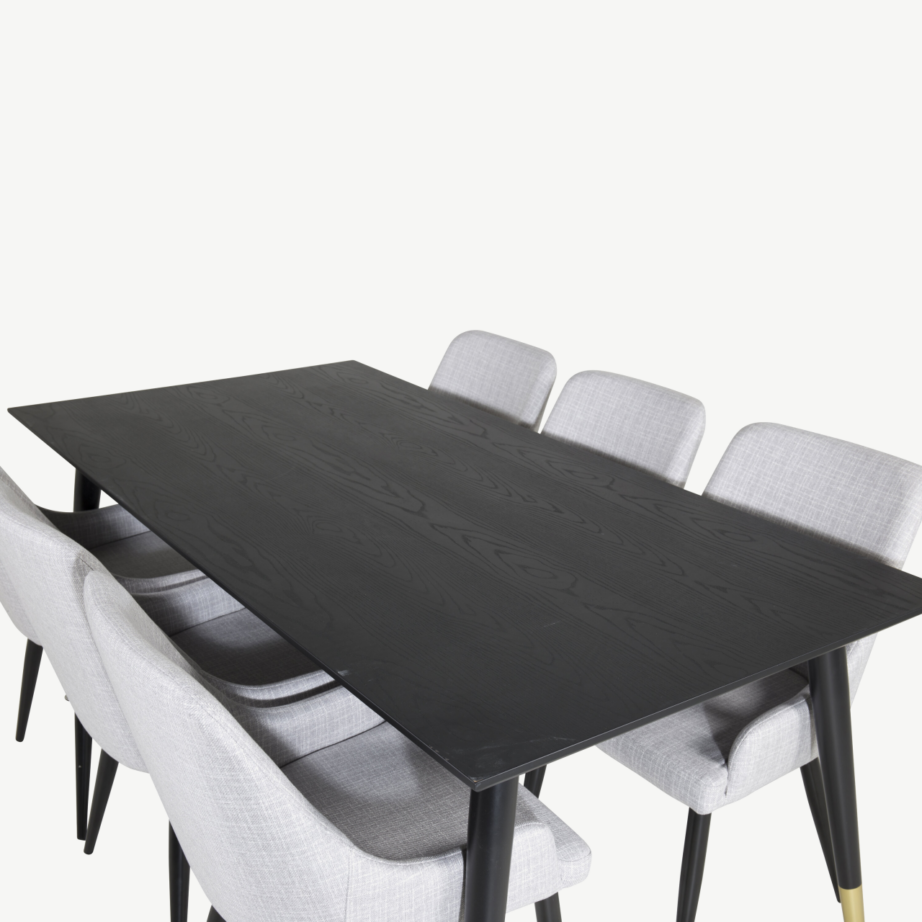 Must söögilaud Dipp 180×90 cm ja 6 helehalli kangaga Plaza tooli komplekt, GR19954 – 4