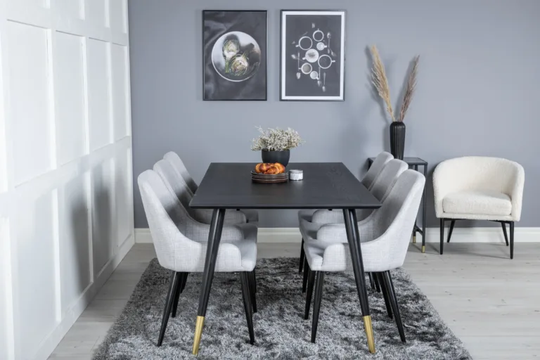 Must söögilaud Dipp 180×90 cm ja 6 helehalli kangaga Plaza tooli komplekt - GR19954