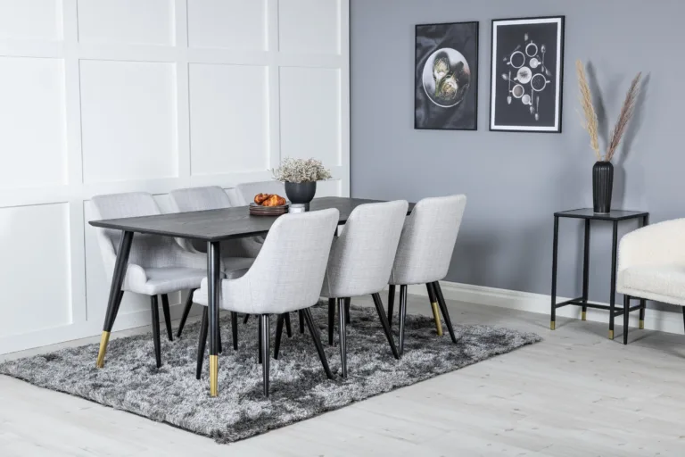 Must söögilaud Dipp 180×90 cm ja 6 helehalli kangaga Plaza tooli komplekt - GR19954