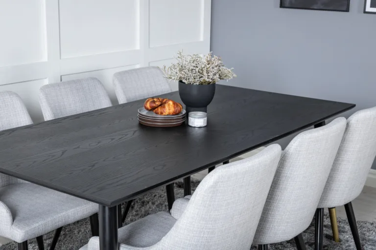 Must söögilaud Dipp 180×90 cm ja 6 helehalli kangaga Plaza tooli komplekt - GR19954