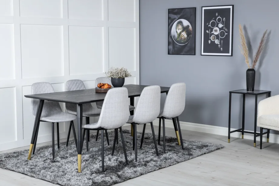 Must Dipp söögilaud kuldsete detailidega ja 6 halli Polar tooli, GR19955 – 6
