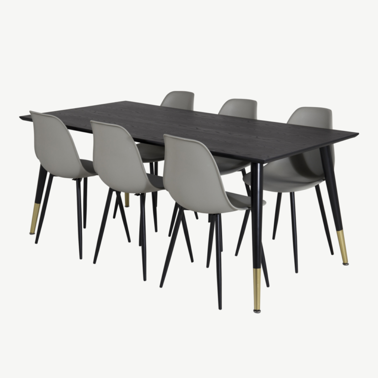Dipp must söögilauakomplekt hallide plastiktoolidega ja kuldsete detailidega (laud 180x90 cm, 6 tooli) - GR19956