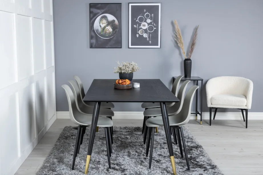 Dipp must söögilauakomplekt hallide plastiktoolidega ja kuldsete detailidega (laud 180×90 cm, 6 tooli), GR19956 – 5