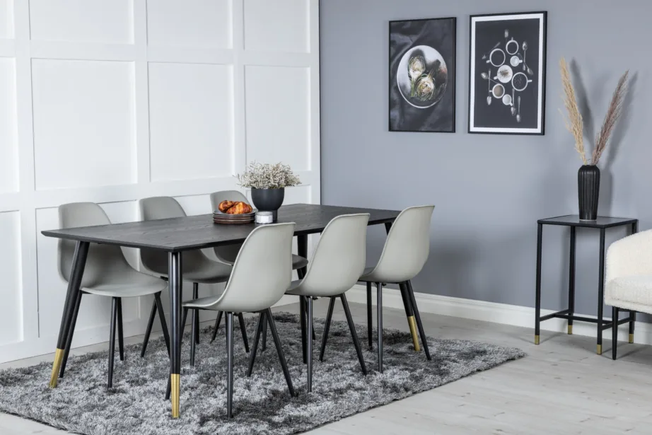 Dipp must söögilauakomplekt hallide plastiktoolidega ja kuldsete detailidega (laud 180×90 cm, 6 tooli), GR19956 – 6