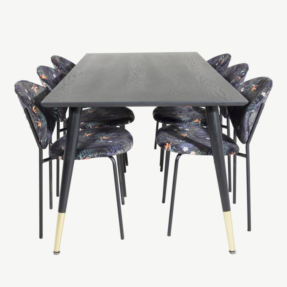 Must ristkülikukujuline söögikomplekt Dipp koos Vault lillemustriliste toolidega, 180×90 cm, GR19957 – 2