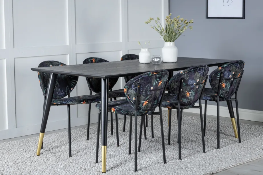 Must ristkülikukujuline söögikomplekt Dipp koos Vault lillemustriliste toolidega, 180×90 cm, GR19957 – 6