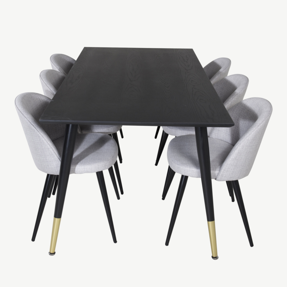 Ristkülikukujuline must söögilauakomplekt Dipp ja helehallid polsterdatud toolid (6 tk), metalljalgadega, GR19958 – 2