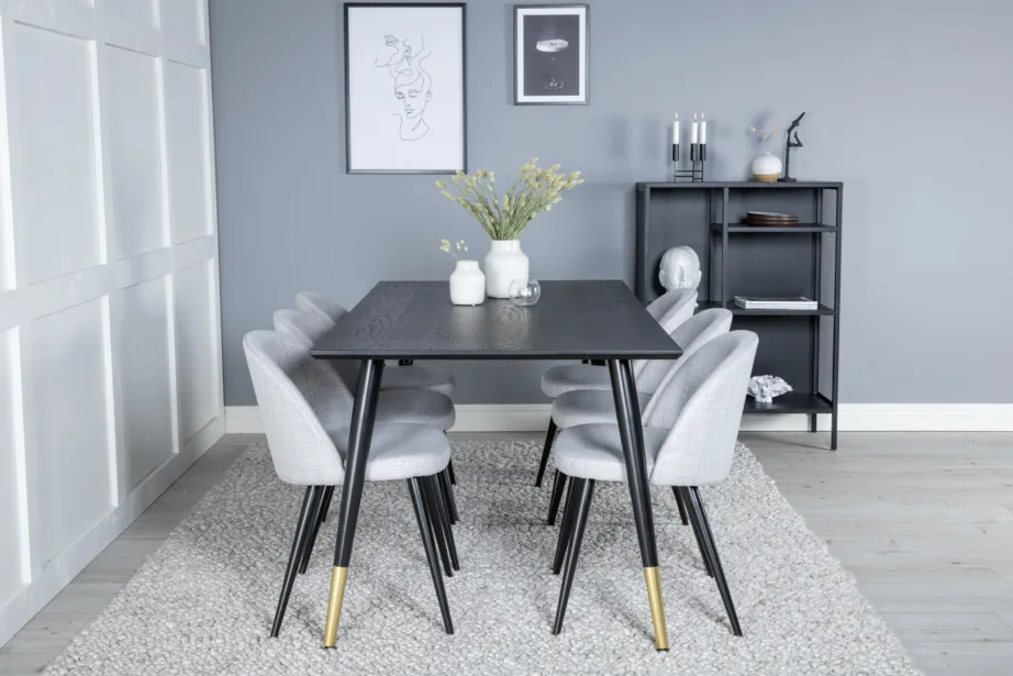 Ristkülikukujuline must söögilauakomplekt Dipp ja helehallid polsterdatud toolid (6 tk), metalljalgadega, GR19958 – 5