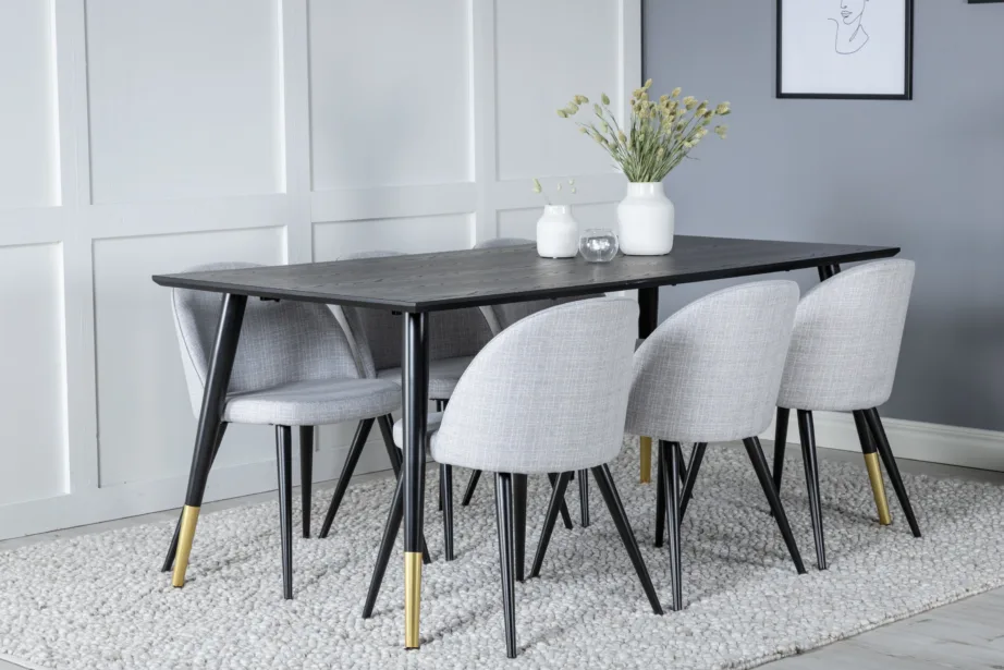 Ristkülikukujuline must söögilauakomplekt Dipp ja helehallid polsterdatud toolid (6 tk), metalljalgadega, GR19958 – 6