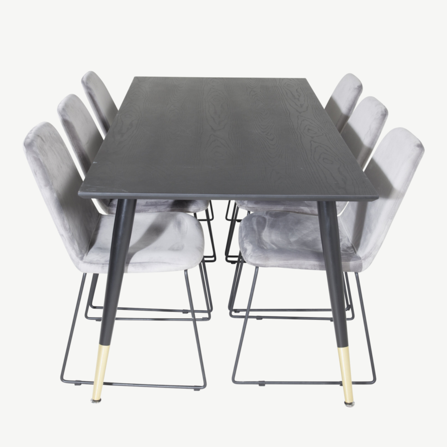 Must ristkülikukujuline söögilaud Dipp hallide samettoolidega Muce (6 tk), GR19961 – 2