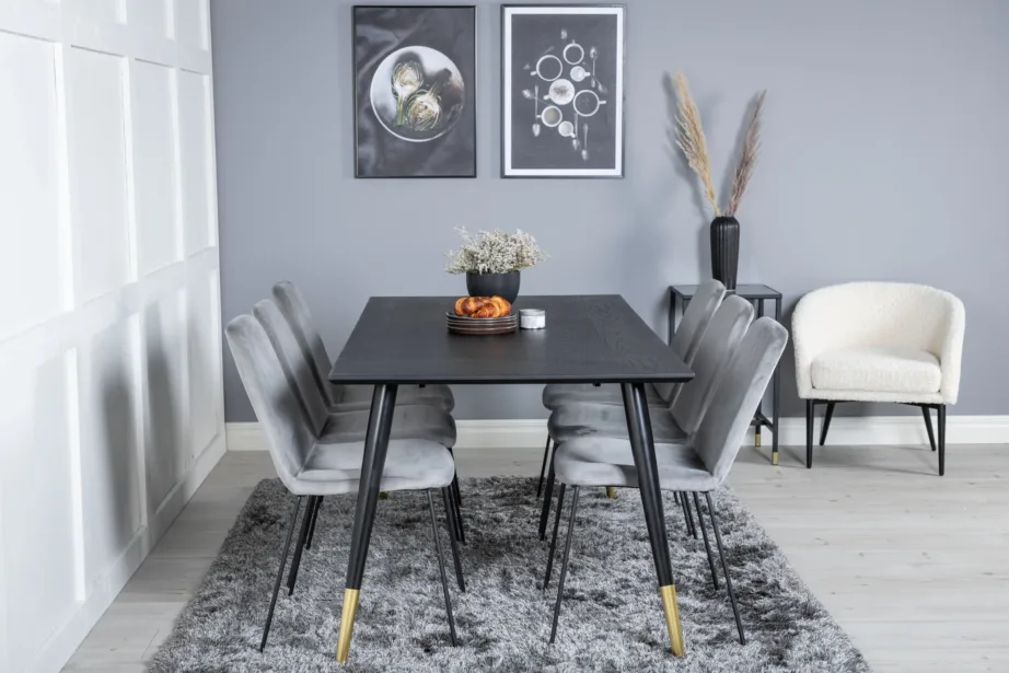 Must ristkülikukujuline söögilaud Dipp hallide samettoolidega Muce (6 tk), GR19961 – 5