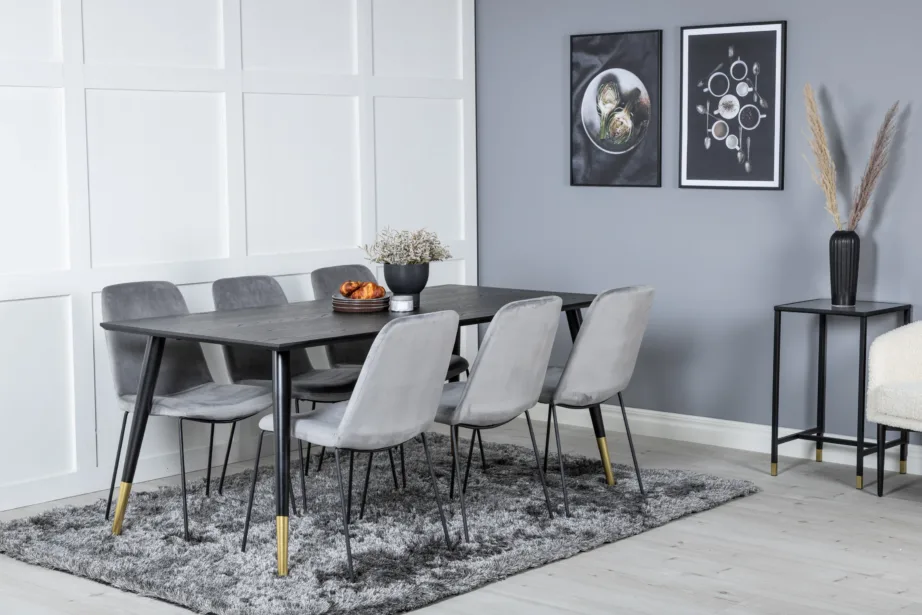 Must ristkülikukujuline söögilaud Dipp hallide samettoolidega Muce (6 tk), GR19961 – 6