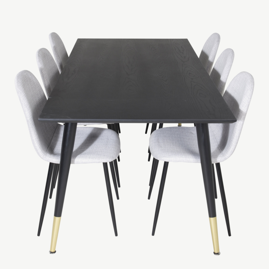 Ristkülikukujuline must söögilaud Dipp kuldsete jalgadega ja Polar helehallide toolidega (6 tk), GR19962 – 2