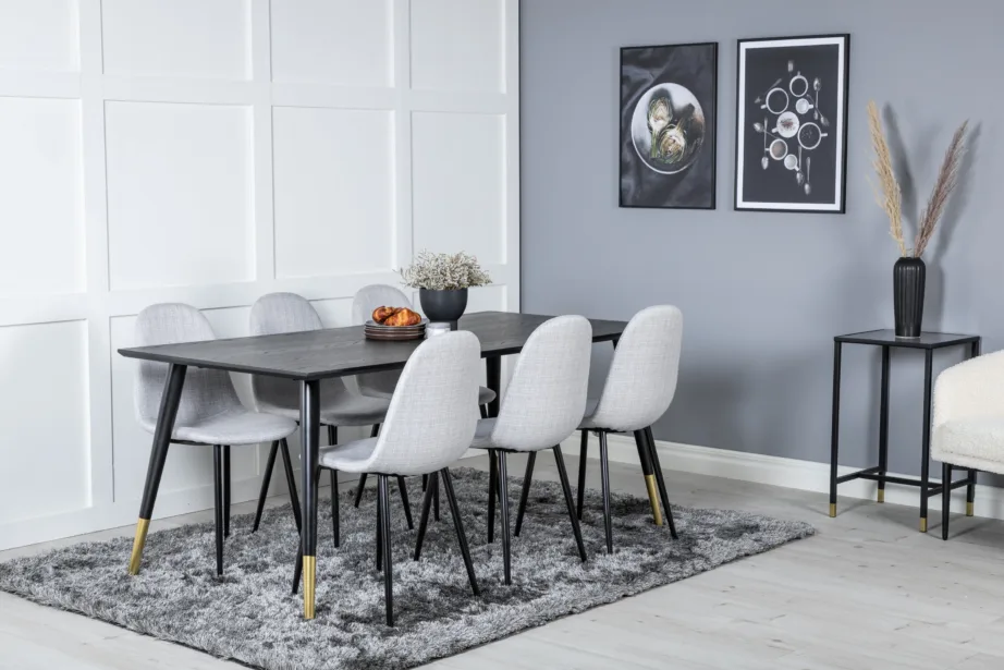 Ristkülikukujuline must söögilaud Dipp kuldsete jalgadega ja Polar helehallide toolidega (6 tk), GR19962 – 6