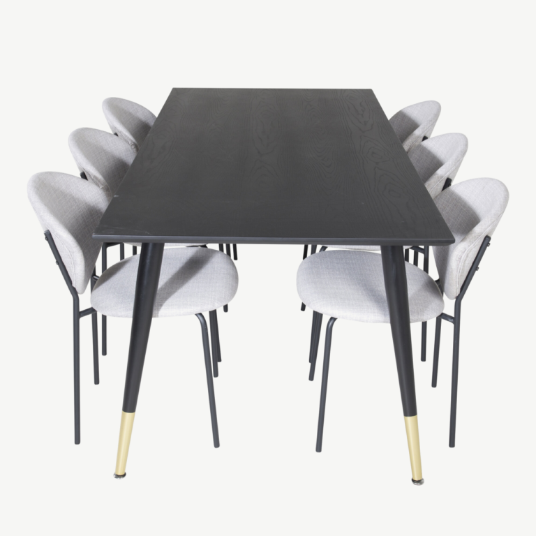 Must söögilauakomplekt Dipp (180 × 90 cm) kuldsete detailide ja halli kangaga toolidega - GR19963