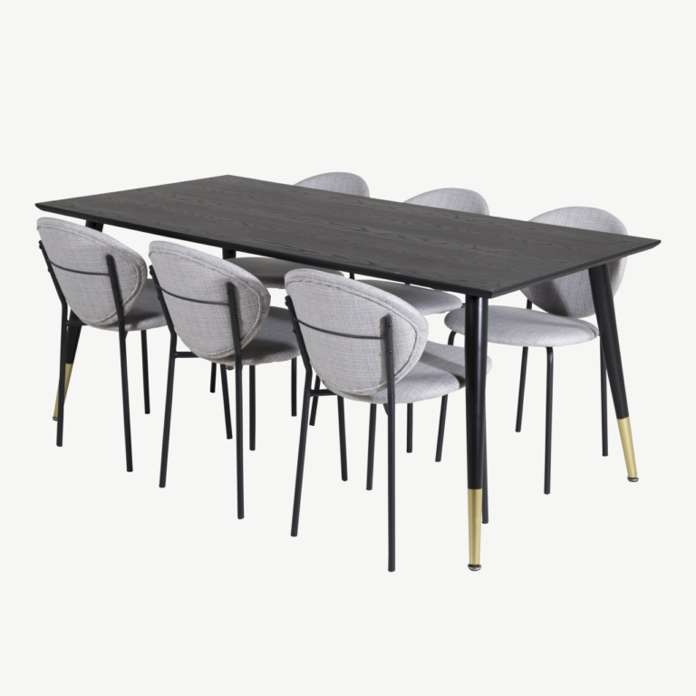 Must söögilauakomplekt Dipp (180 × 90 cm) kuldsete detailide ja halli kangaga toolidega - GR19963
