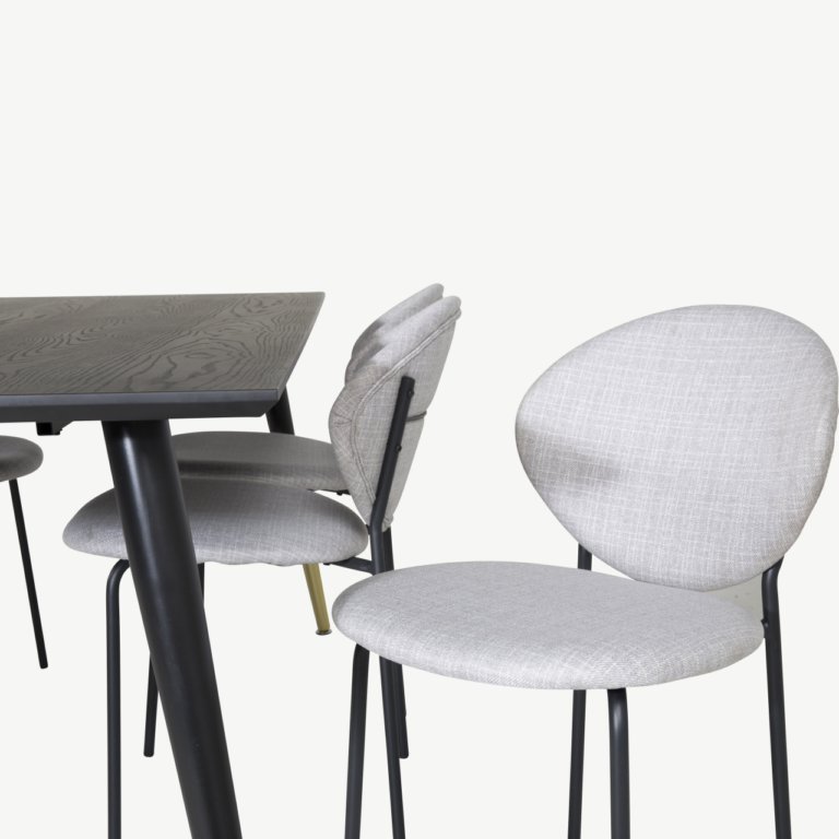 Must söögilauakomplekt Dipp (180 × 90 cm) kuldsete detailide ja halli kangaga toolidega - GR19963