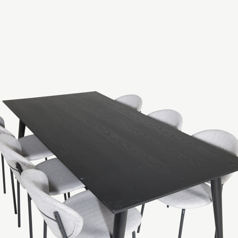 Must söögilauakomplekt Dipp (180 × 90 cm) kuldsete detailide ja halli kangaga toolidega - GR19963