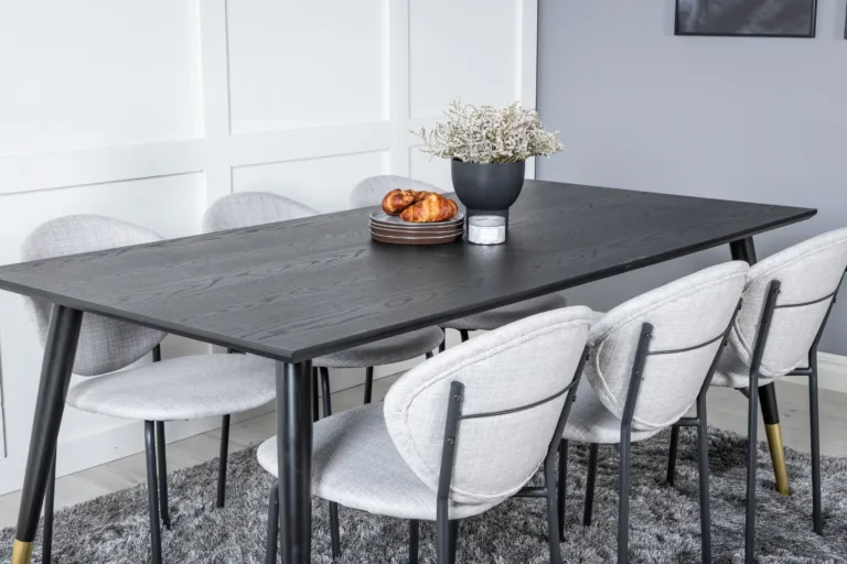 Must söögilauakomplekt Dipp (180 × 90 cm) kuldsete detailide ja halli kangaga toolidega - GR19963