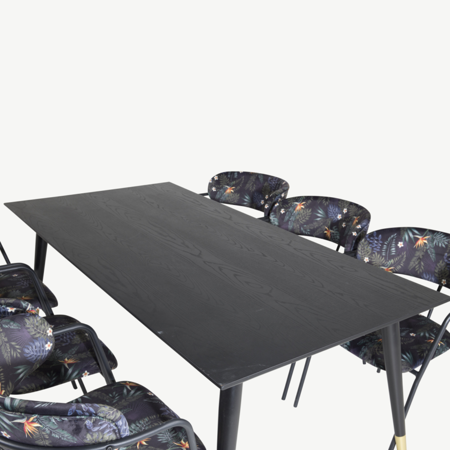 Dipp ristkülikukujuline söögilaud 180×90 cm ja Arrow tugitoolid, must vineer, lilleline polster, GR19964 – 4