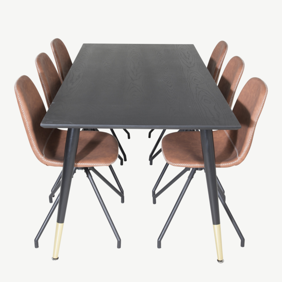 Dipp söögilauakomplekt musta lauaplaadiga ja 6 pruunist pöörlevast toolist Polar, 180×90 cm, GR19965 – 2