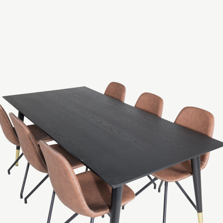 Dipp söögilauakomplekt musta lauaplaadiga ja 6 pruunist pöörlevast toolist Polar, 180x90 cm - GR19965