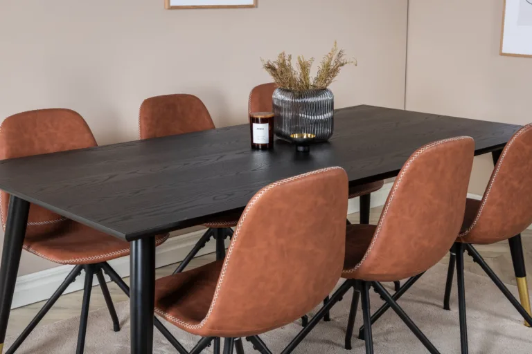 Dipp söögilauakomplekt musta lauaplaadiga ja 6 pruunist pöörlevast toolist Polar, 180x90 cm - GR19965