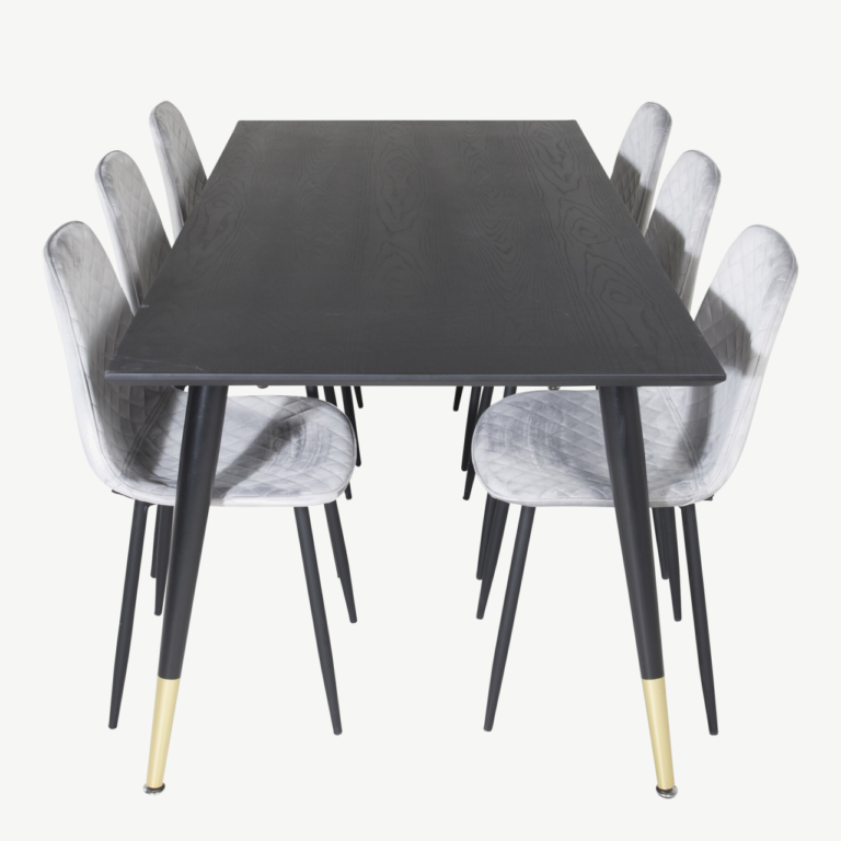Must söögilaud Dipp toolidega (180 × 90 cm) ja 6 halli velvetist Polar tooli - GR19966