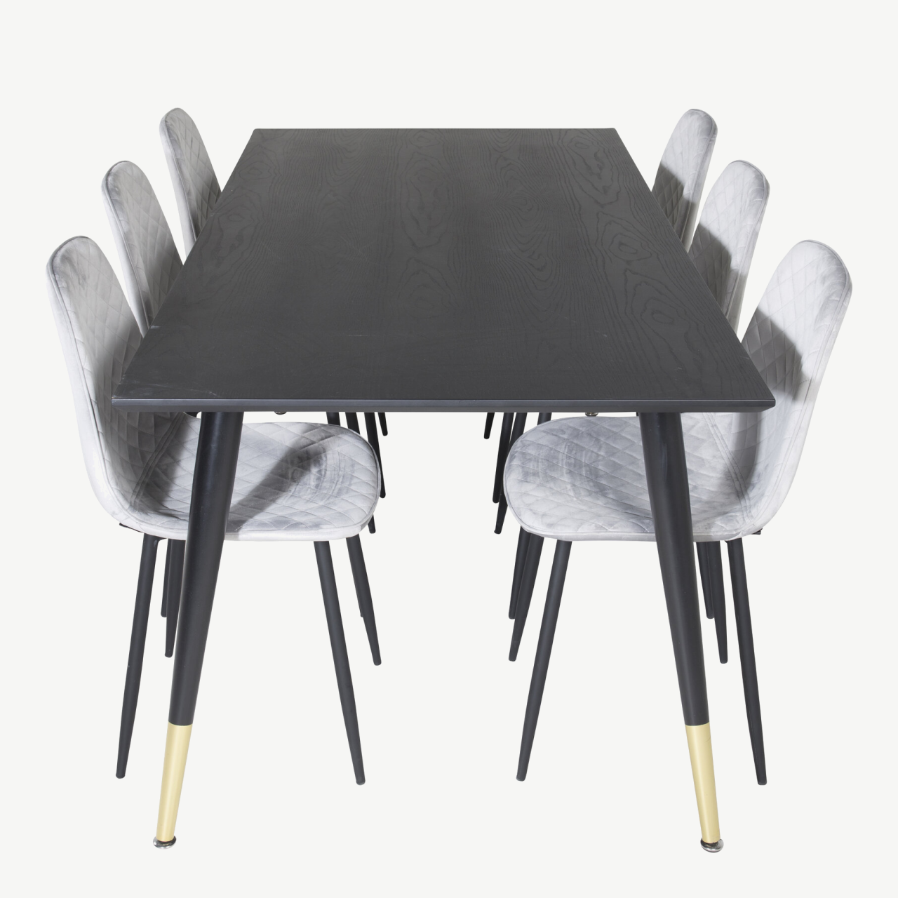 Must söögilaud Dipp toolidega (180 × 90 cm) ja 6 halli velvetist Polar tooli - GR19966