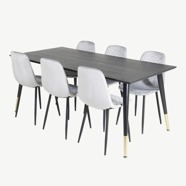 Must söögilaud Dipp toolidega (180 × 90 cm) ja 6 halli velvetist Polar tooli - GR19966