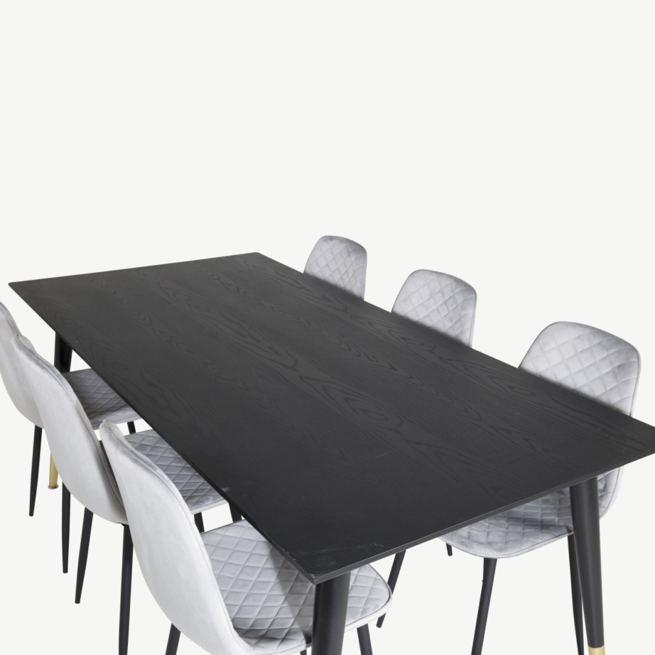 Must söögilaud Dipp toolidega (180 × 90 cm) ja 6 halli velvetist Polar tooli, GR19966 – 4