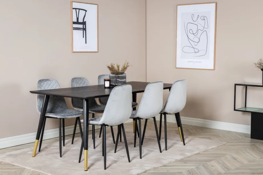 Must söögilaud Dipp toolidega (180 × 90 cm) ja 6 halli velvetist Polar tooli, GR19966 – 6