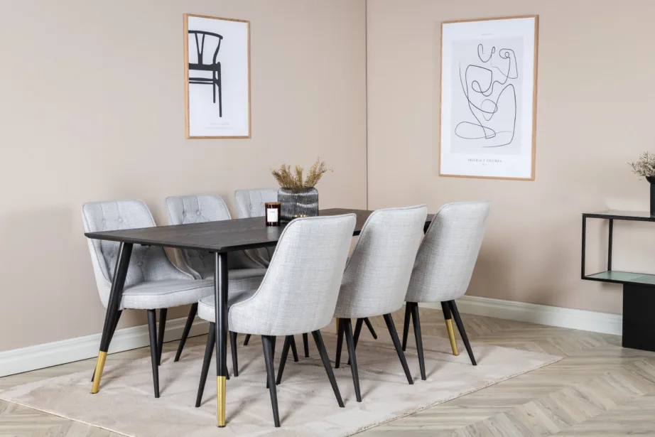 Must ristkülikukujuline söögilauakomplekt Dipp hallide Velvet Deluxe toolidega (6 tk), 180×90 cm, GR19968 – 6