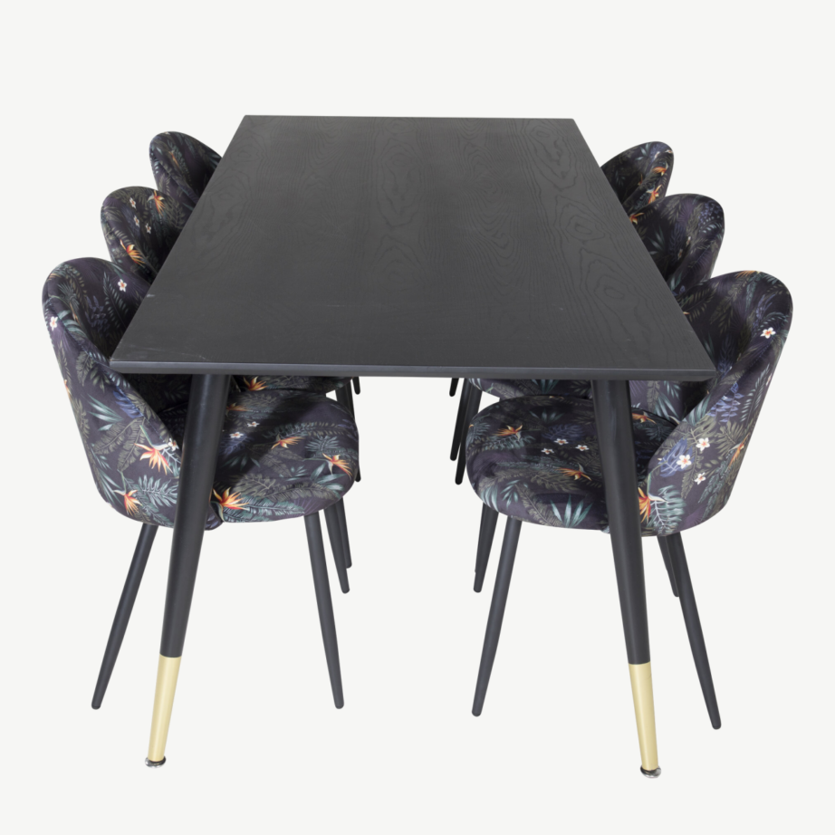 Dipp ristkülikukujuline must söögitoakomplekt velvetkangast lillemustriliste toolidega, laud 180×90 cm, GR19969 – 2