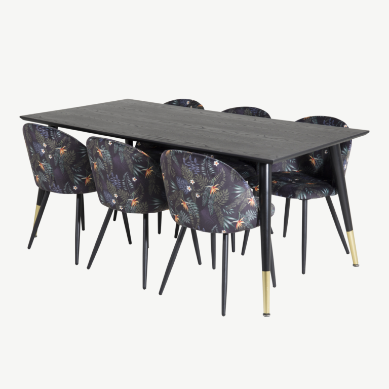 Dipp ristkülikukujuline must söögitoakomplekt velvetkangast lillemustriliste toolidega, laud 180x90 cm - GR19969