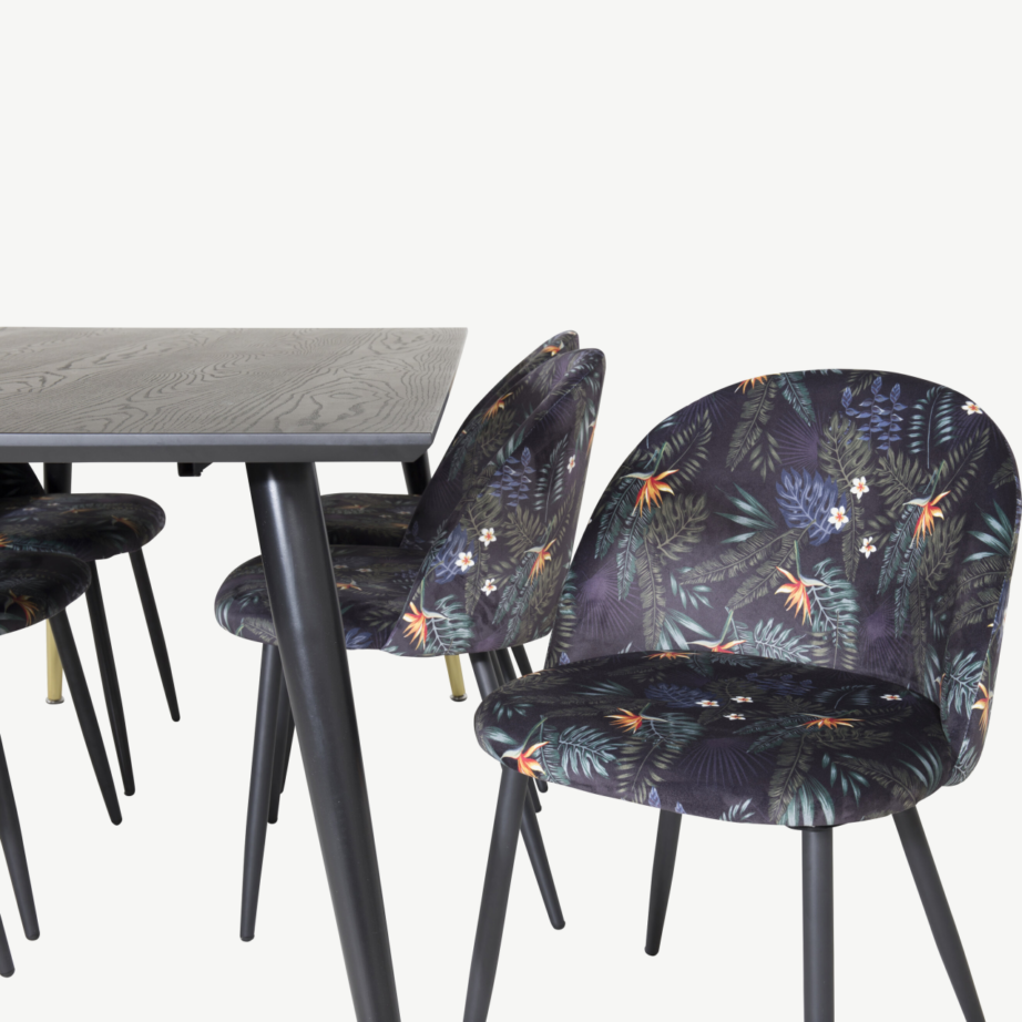 Dipp ristkülikukujuline must söögitoakomplekt velvetkangast lillemustriliste toolidega, laud 180×90 cm, GR19969 – 3
