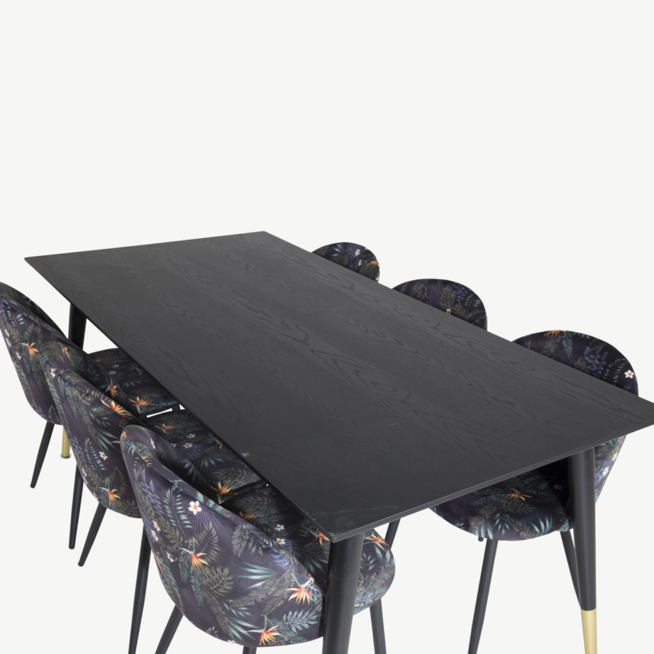 Dipp ristkülikukujuline must söögitoakomplekt velvetkangast lillemustriliste toolidega, laud 180×90 cm, GR19969 – 4