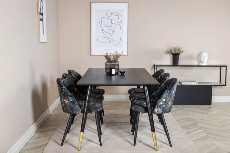 Dipp ristkülikukujuline must söögitoakomplekt velvetkangast lillemustriliste toolidega, laud 180x90 cm - GR19969