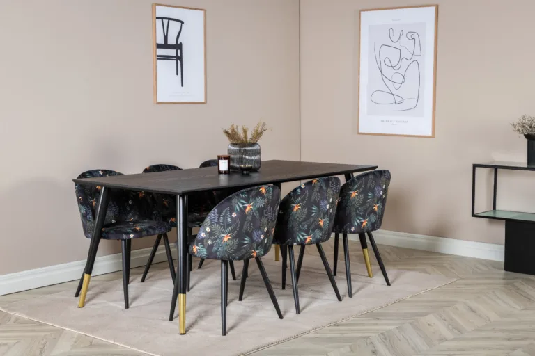 Dipp ristkülikukujuline must söögitoakomplekt velvetkangast lillemustriliste toolidega, laud 180x90 cm - GR19969
