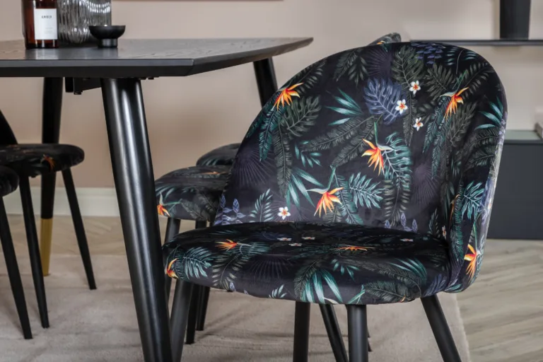 Dipp ristkülikukujuline must söögitoakomplekt velvetkangast lillemustriliste toolidega, laud 180x90 cm - GR19969