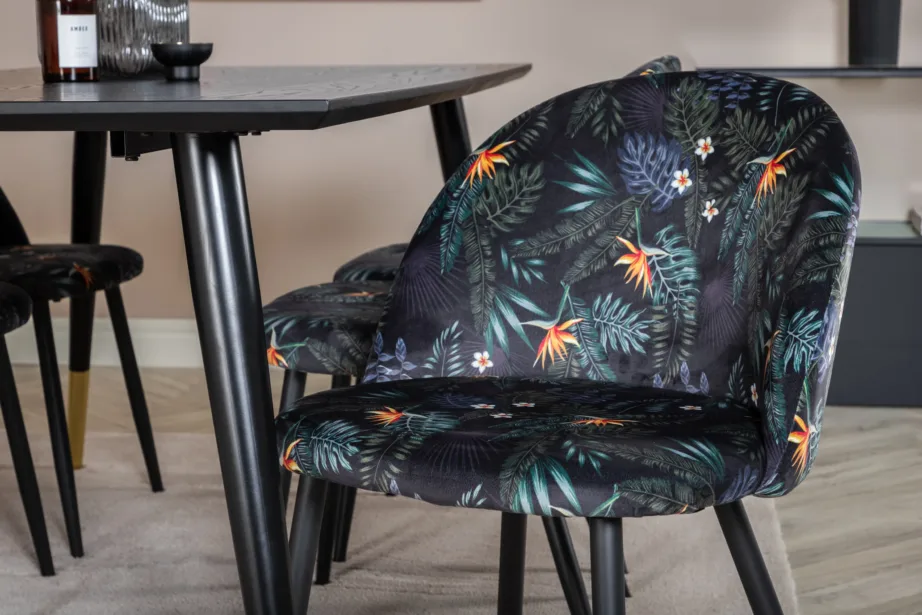 Dipp ristkülikukujuline must söögitoakomplekt velvetkangast lillemustriliste toolidega, laud 180×90 cm, GR19969 – 7