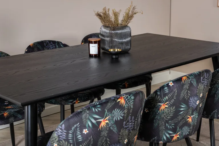 Dipp ristkülikukujuline must söögitoakomplekt velvetkangast lillemustriliste toolidega, laud 180x90 cm - GR19969