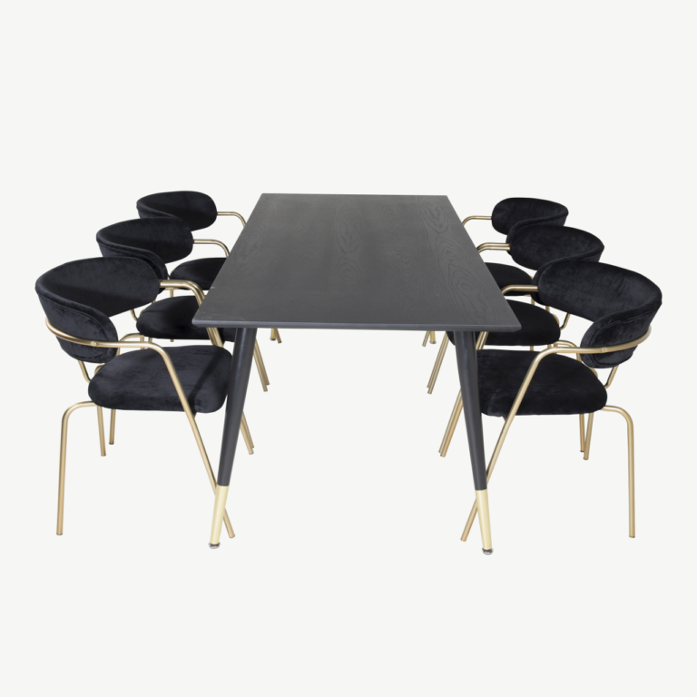 Must söögitoakomplekt Dipp 180×90 cm lauaga ja 6 musta velvetkattega Arrow tugitooliga, kuldsete terasjalgadega - GR19970