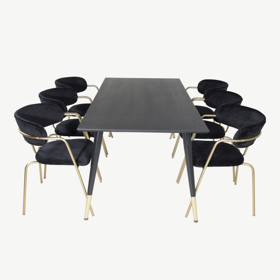 Must söögitoakomplekt Dipp 180×90 cm lauaga ja 6 musta velvetkattega Arrow tugitooliga, kuldsete terasjalgadega, GR19970 – 2