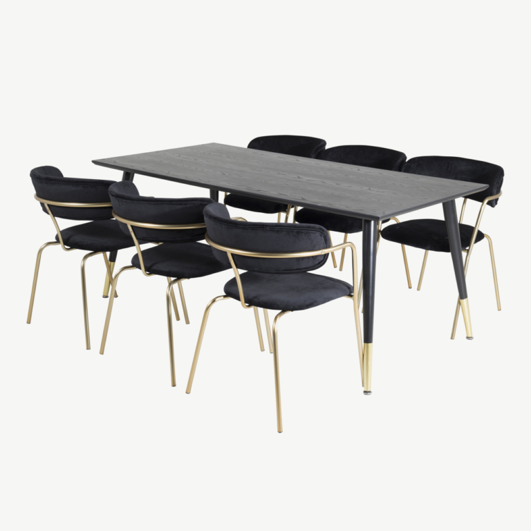 Must söögitoakomplekt Dipp 180×90 cm lauaga ja 6 musta velvetkattega Arrow tugitooliga, kuldsete terasjalgadega - GR19970